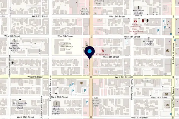 Street map showing our office at 801 S Gaffey St at 8th Street, San Pedro